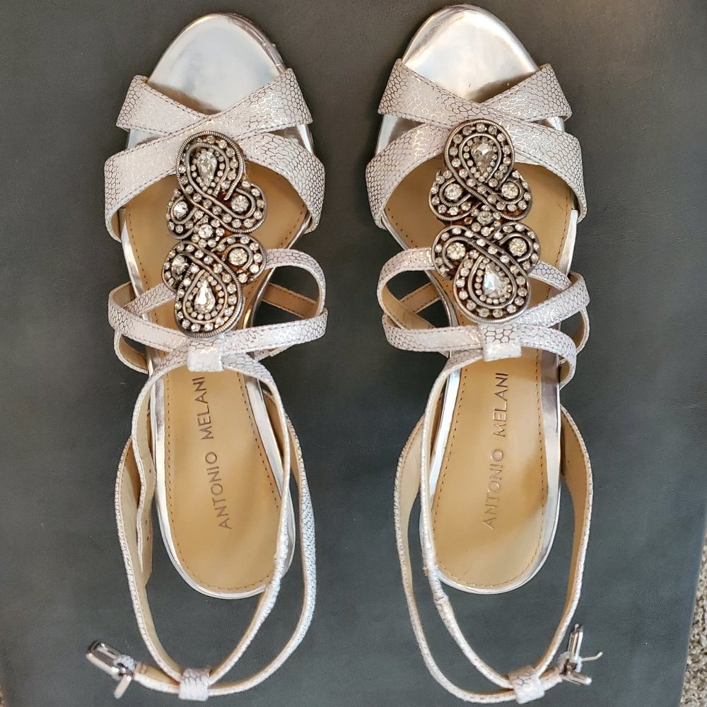 Antonio Melani Silver Jeweled Rhinestone Heels 6